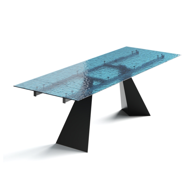 Стол обеденный STANT DINING TABLE BLACK BLUE CLEAR HAMMERED GLASS  240X90X75 СМ. (NRM00763)