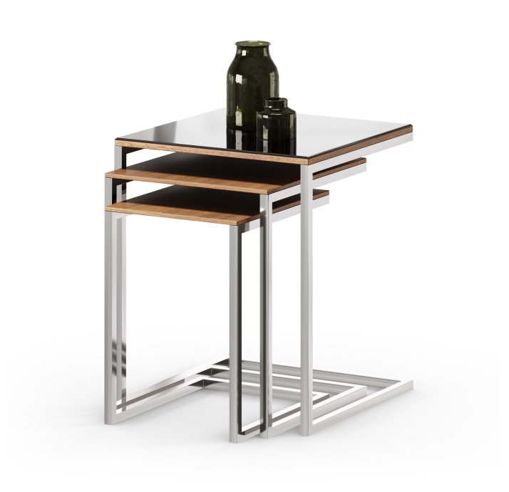 Стол приставной KROMA NESTING 3-SEAT COFFEE TABLE Glossy metal BRONZE MIRROR Natural walnut veneer 1