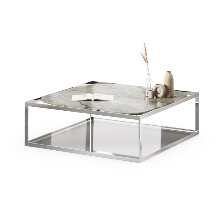 Стол журнальный ELABOR COFFEE TABLE Glossy metal MARBLE AURA  105X105X35 СМ. (FUG00187)