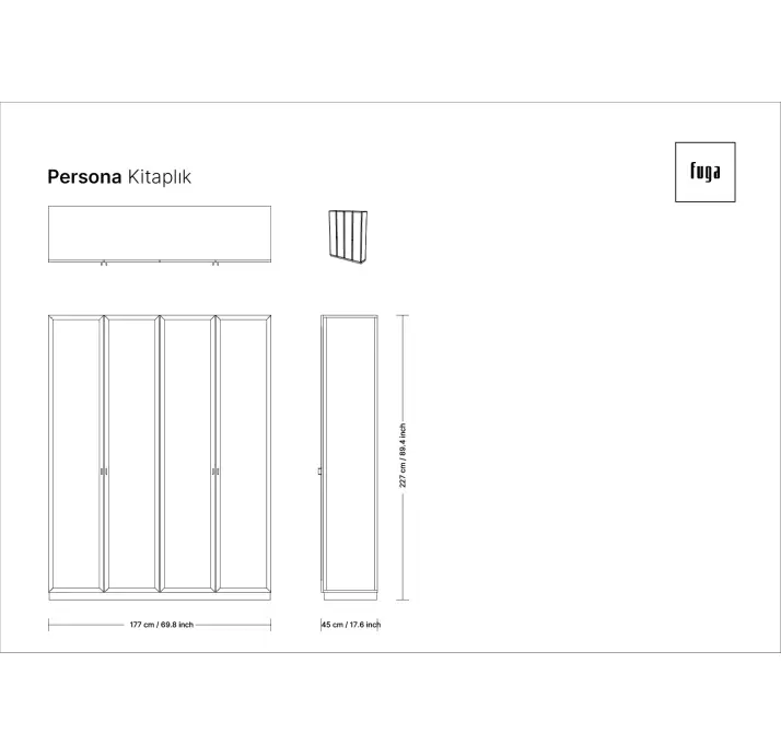 Шкаф напольный PERSONA Bookcase 3 Section 6 Door Anthracite walnut veneer Transparent glass 265X45X2