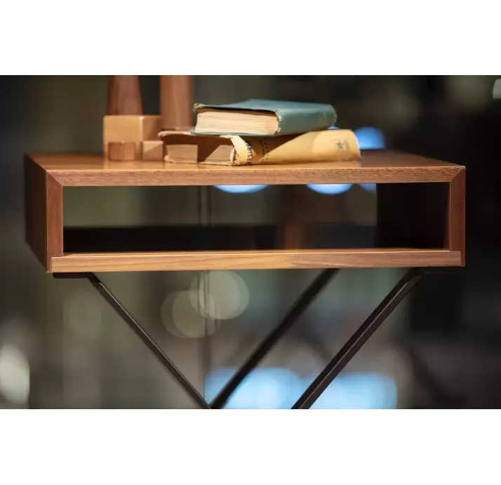 Стол журнальный X SIDE TABLE Glossy metal Natural walnut veneer  50X50X60 СМ. (FUG00221)